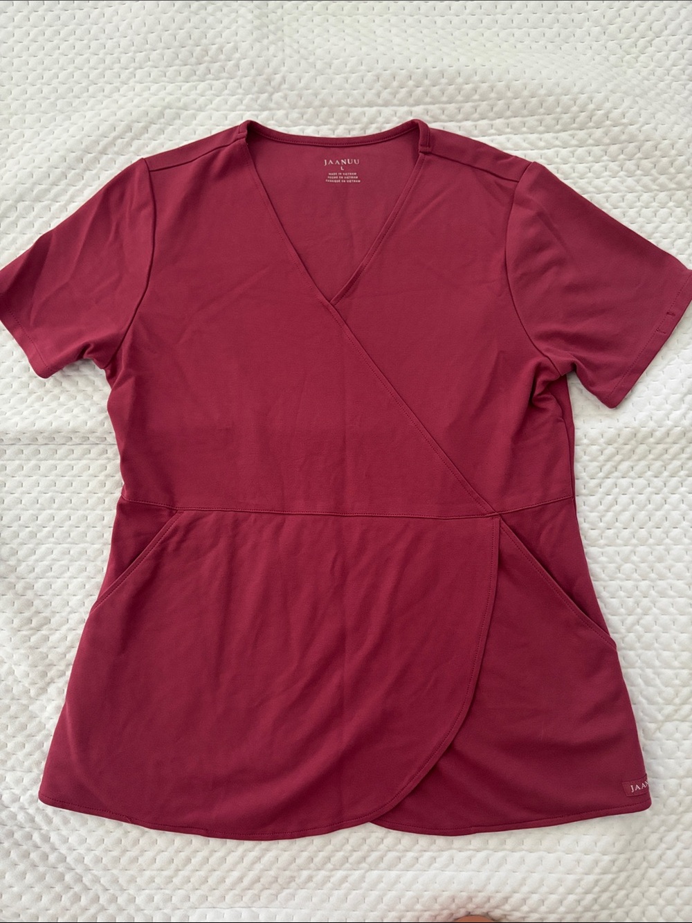 Jaanuu Wine/Red Beet Mock Wrap Tulip Scrub Top Size Large